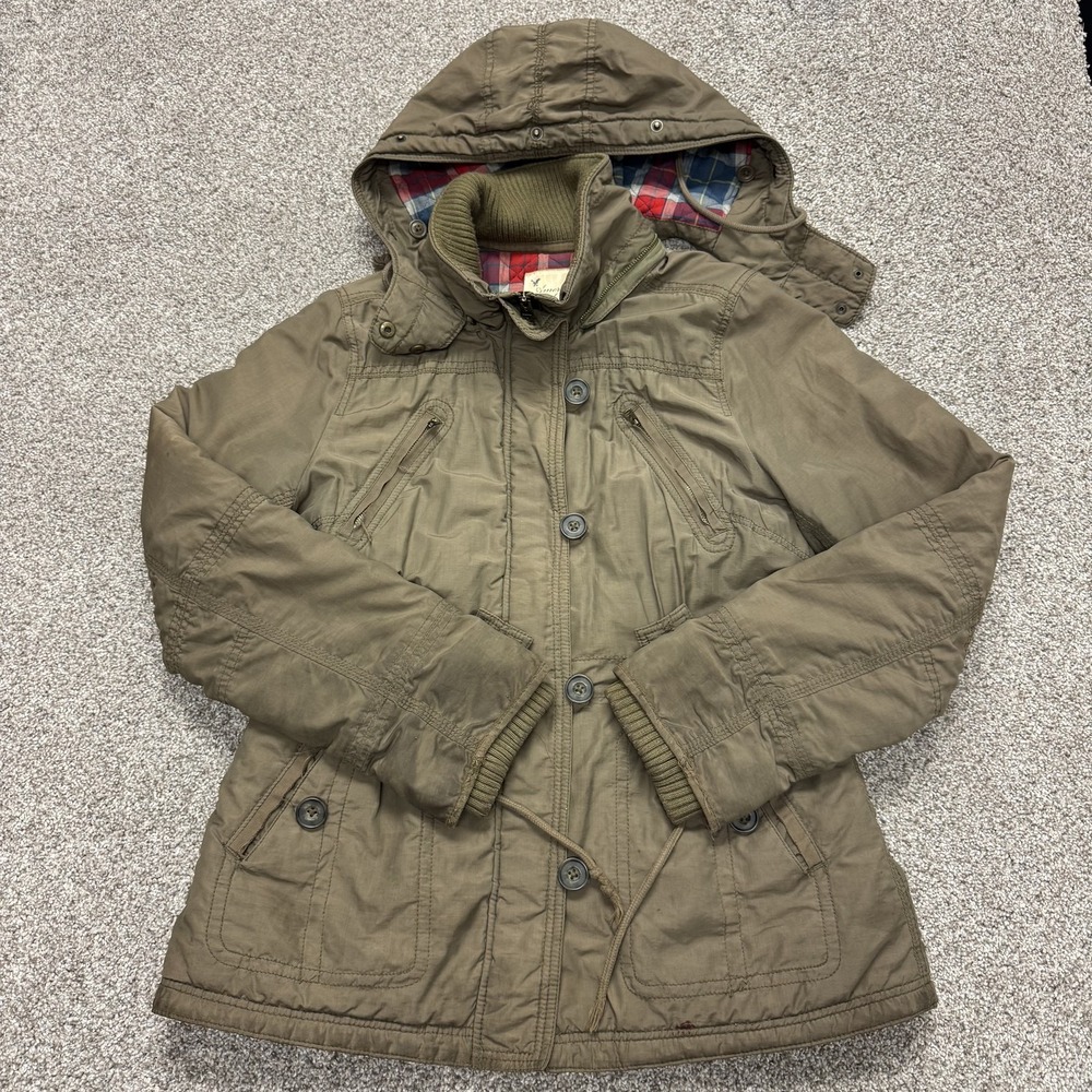Y2K American Eagle Jacket Womens L Green Twill Hooded Parka Quilted Lined